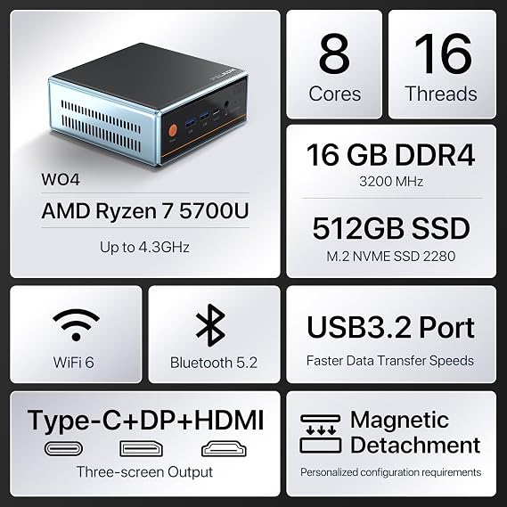Trycoo Mini PC AMD Ryzen 7 5700U (8C/16T, Up to 4.3GHz) Mini Gaming Pc16GB DDR4 512GB SSD Dual LAN (2.5G+1G) WiFi 6 4K@60Hz HD DP Type-C Ultra-Mini Desktop for Office Home