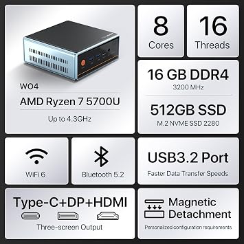 Trycoo Mini PC AMD Ryzen 7 5700U (8C/16T, Up to 4.3GHz) Mini Gaming Pc16GB DDR4 512GB SSD Dual LAN (2.5G+1G) WiFi 6 4K@60Hz HD DP Type-C Ultra-Mini Desktop for Office Home