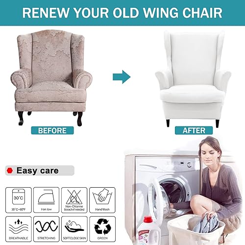 Miniatura 6 de NILUOH Wingback - Funda para silla, 2 piezas, suave, elástica, para silla, color sólido, protector de muebles con parte inferior elástica para sala