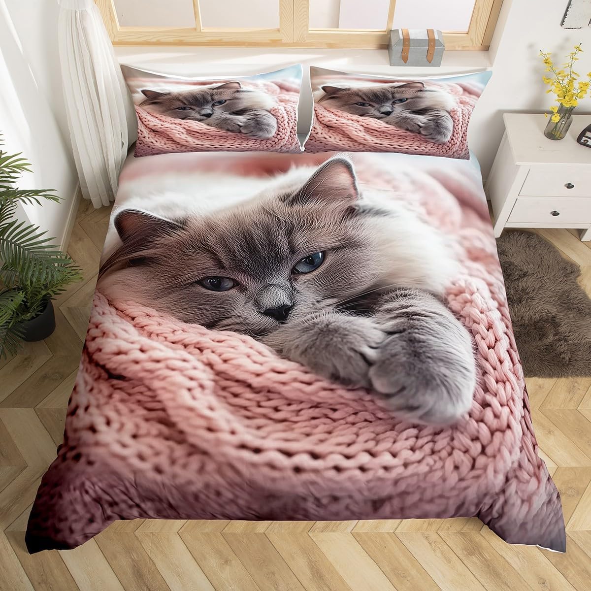 Housse de couette 240x260 chat 3D en microfibre douce et anti-plis