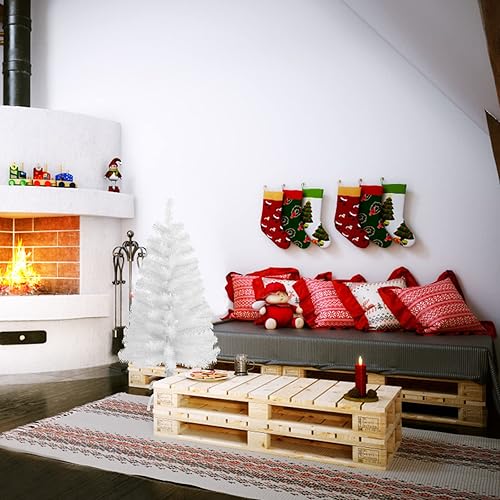 Vista 5 de CCINEE 3Ft Artificial White Tabletop Hinged Christmas Tree with Metal Stand - 130 Branch Tips Mini Christmas Tree for Xmas Party Supplies Home