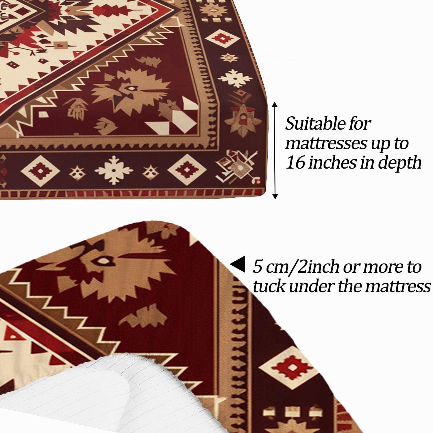 Print Fitted Sheet Set Full Size for Kids Boys Girls, Bed Sheets Indian Style Red Pattern Geometric Pattern Fitted Sheet Adults Flat Sheet Soft Luxury, Home Room Decor 4Pcs