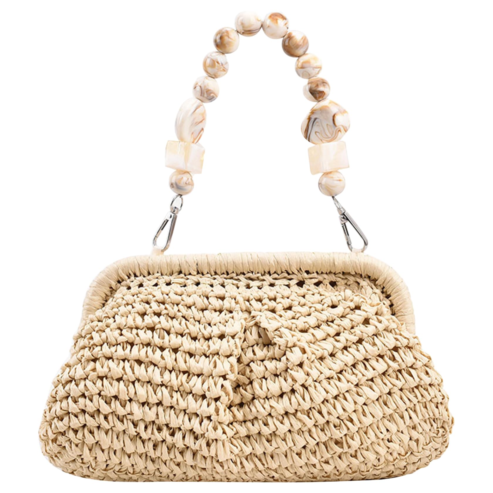 Wedhapy Women's Beige Straw Beach Bag Straw Bags For Woven Straw Purse Casual Straw With Beaded Handle Stylish Easy Matching Summer Purse For Beach,