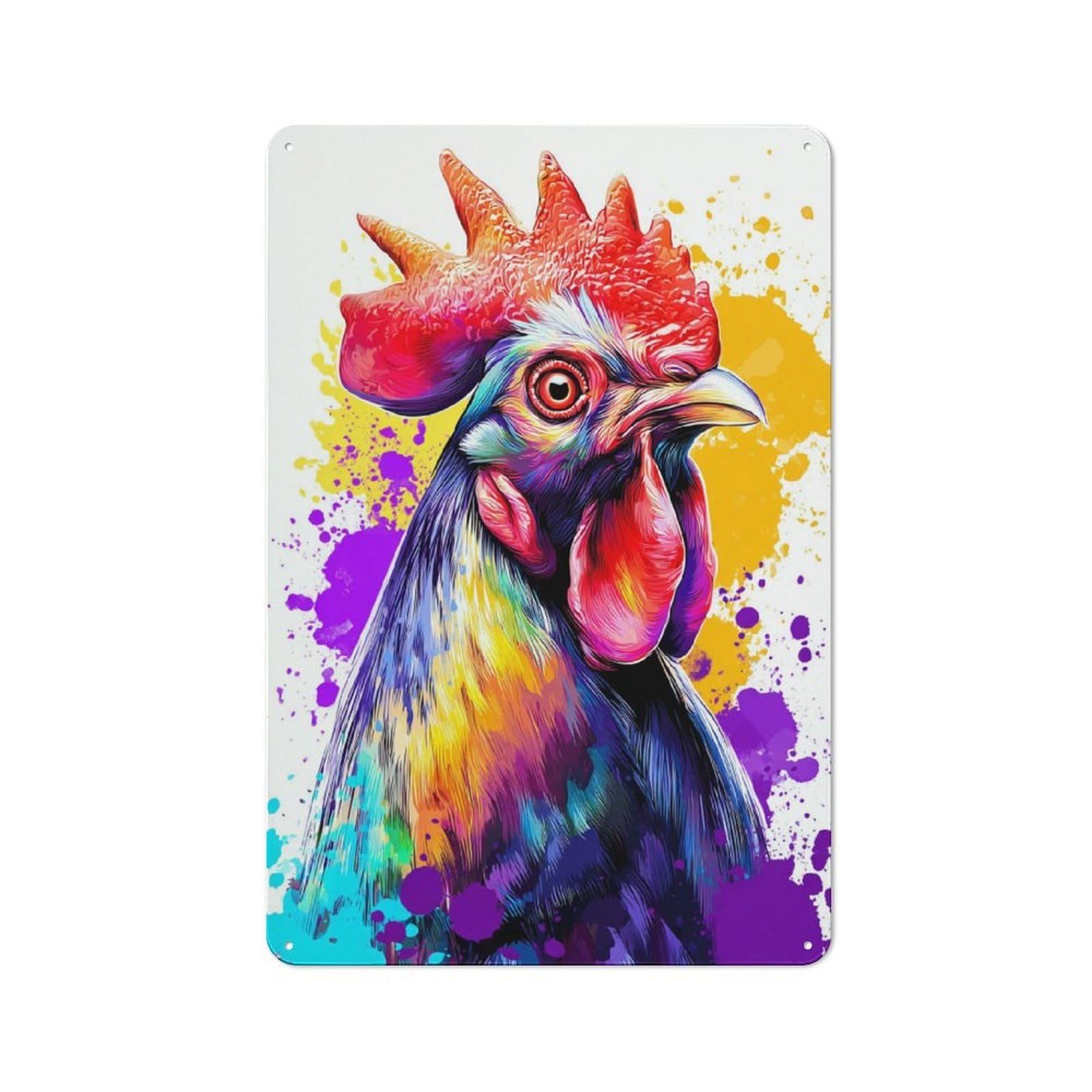 Junmoney Colorful Rooster Art Print Simple Retro Metal Wall Plaque 30X20cm, Creative Space Decor For Office, Study, Studio Or Hallway