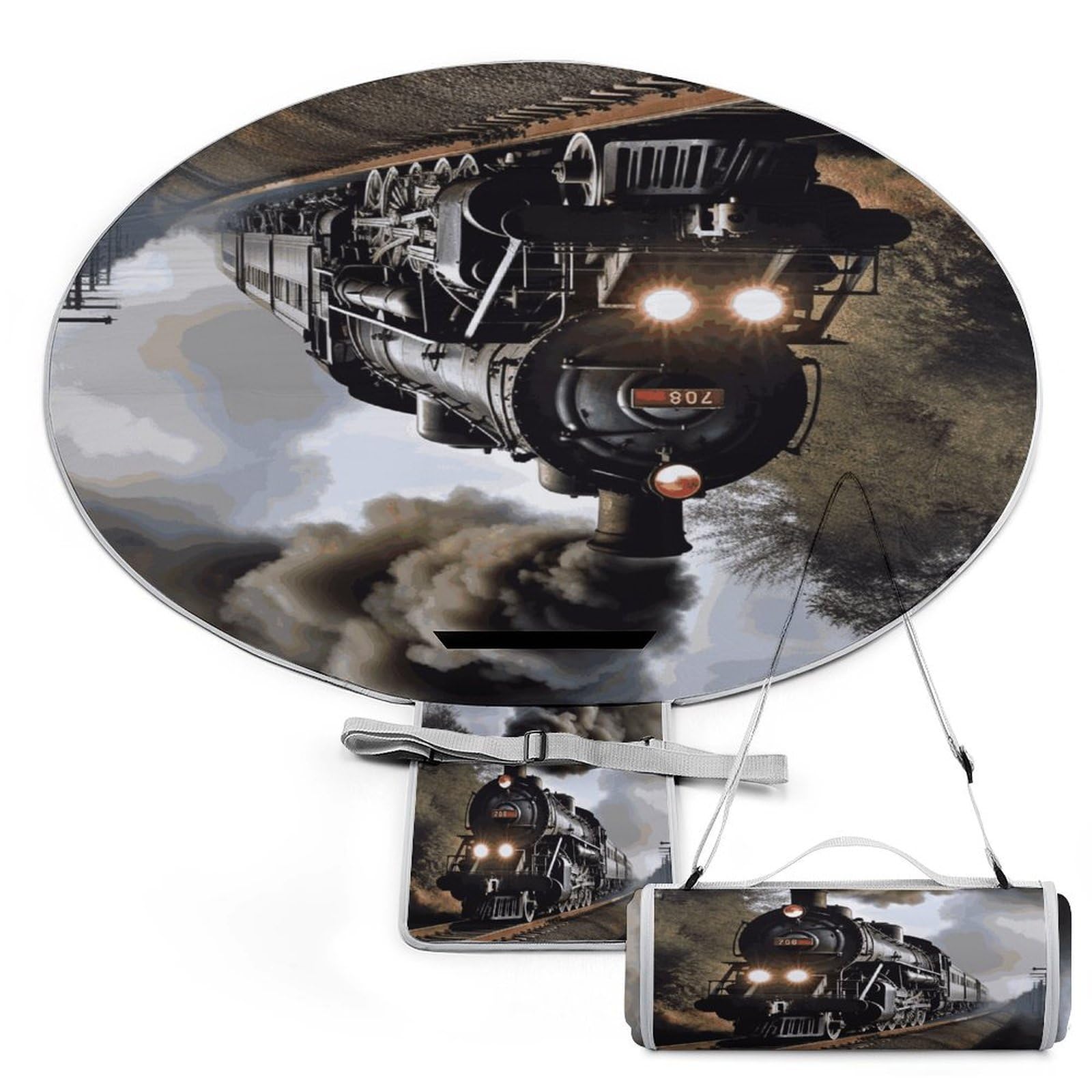 Manta para exteriores plegable y redonda con estampado de tren, ideal para picnic o camping