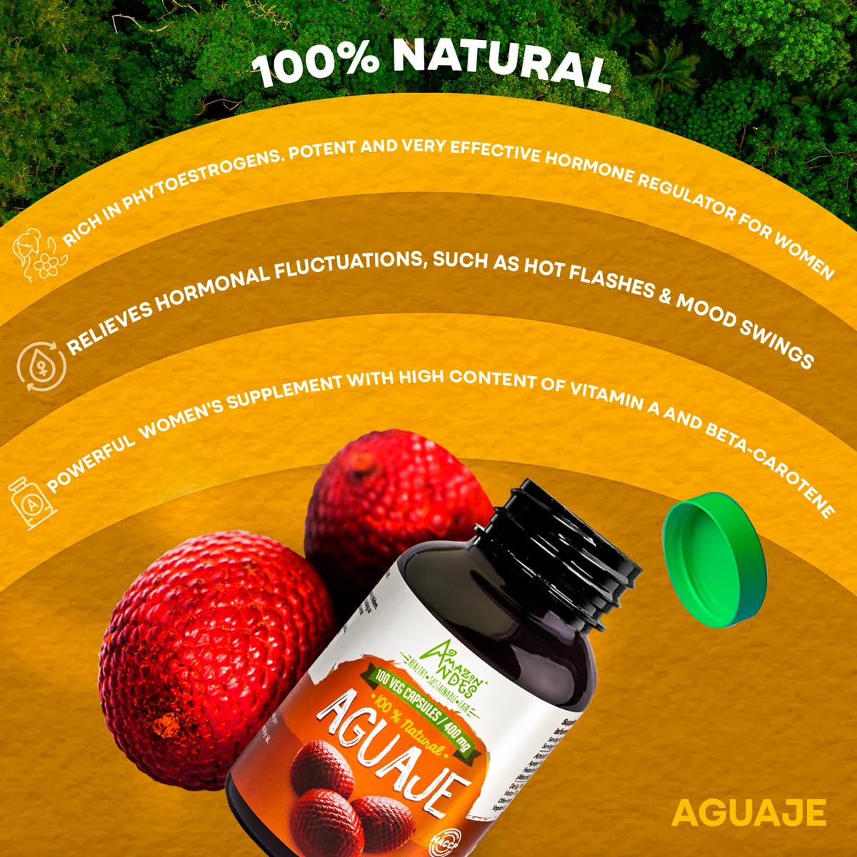 Amazon Andes Aguaje Cápsulas – Apoyador de la salud femenina y equilibrador hormonal – Cosechado silvestre en Perú y de origen sostenible – Sin OMG, comercio justo y sin gluten – Buriti 100 pastillas