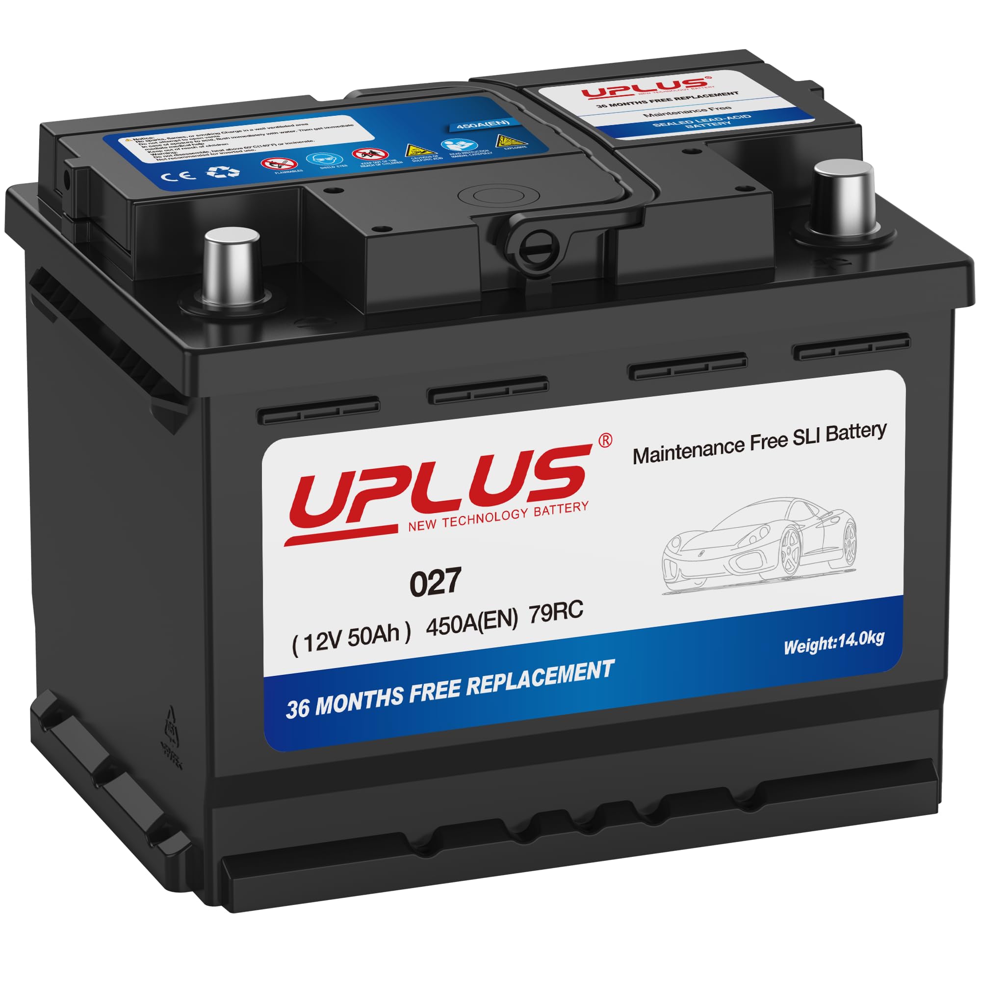 UPLUS 027 Car Battery, 12V 50Ah Maintenance Free Automotive Battery, 450A 79RC, for standard non-start-stop vehicles, Left: - Right: +, 242L x 175W x 190H(mm)