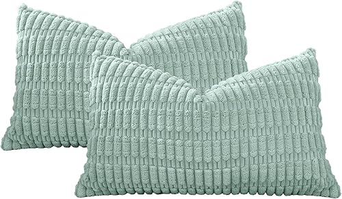 Miniatura 7 de OTOSTAR Paquete de 2 fundas de almohada decorativas de pana suave de 16 x 24 pulgadas, fundas de almohada bohemias a rayas, fundas de cojín lumbar,