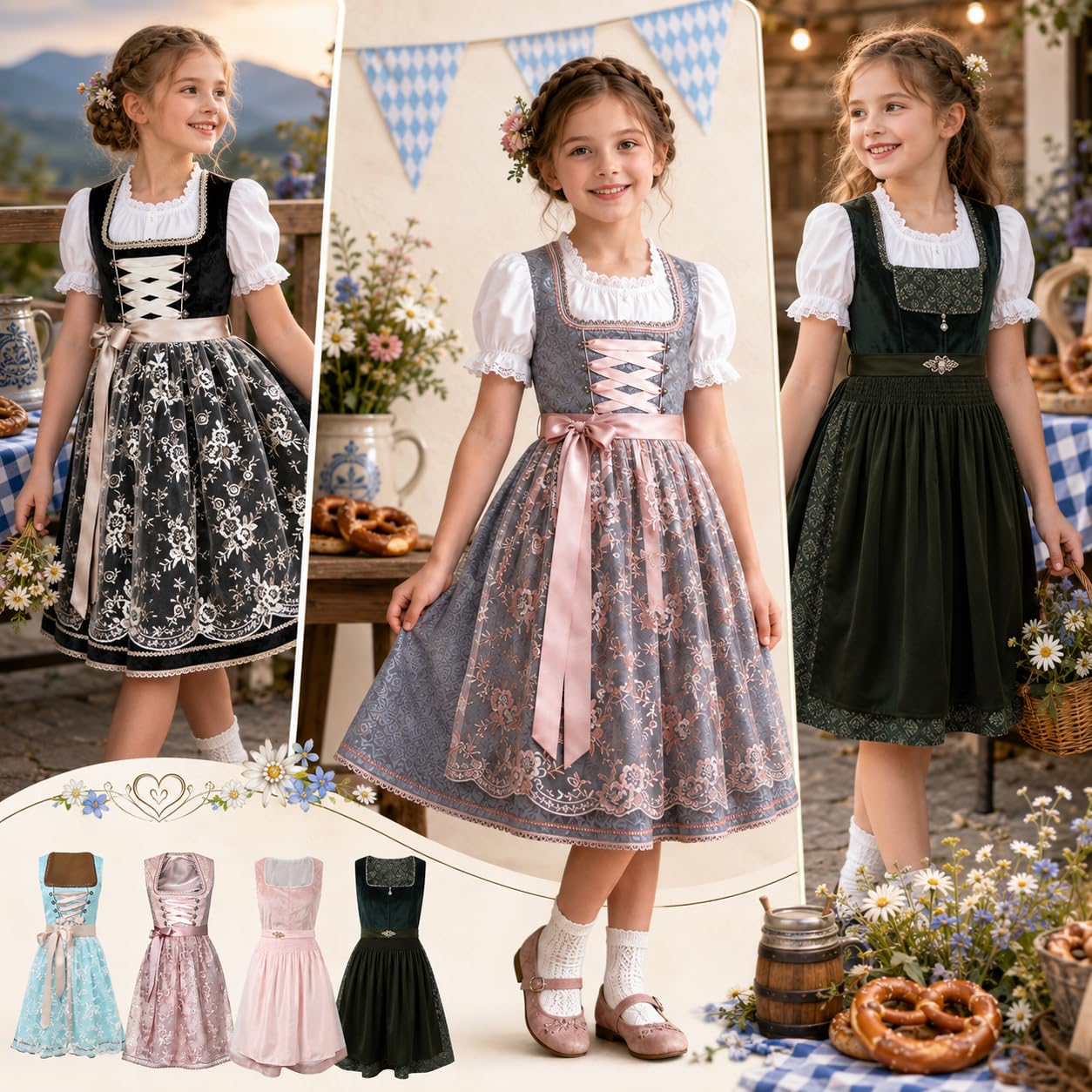 Dirndl Mädchen Liebe Trachtenkleid 2tlg- Kinder Dirndl mit Spitzenschürze Kleid Oktoberfest Kleidung Karneval Wiesn Outfit Trachtenkleid für Volksfest Festliches Modern Trachten Outfit