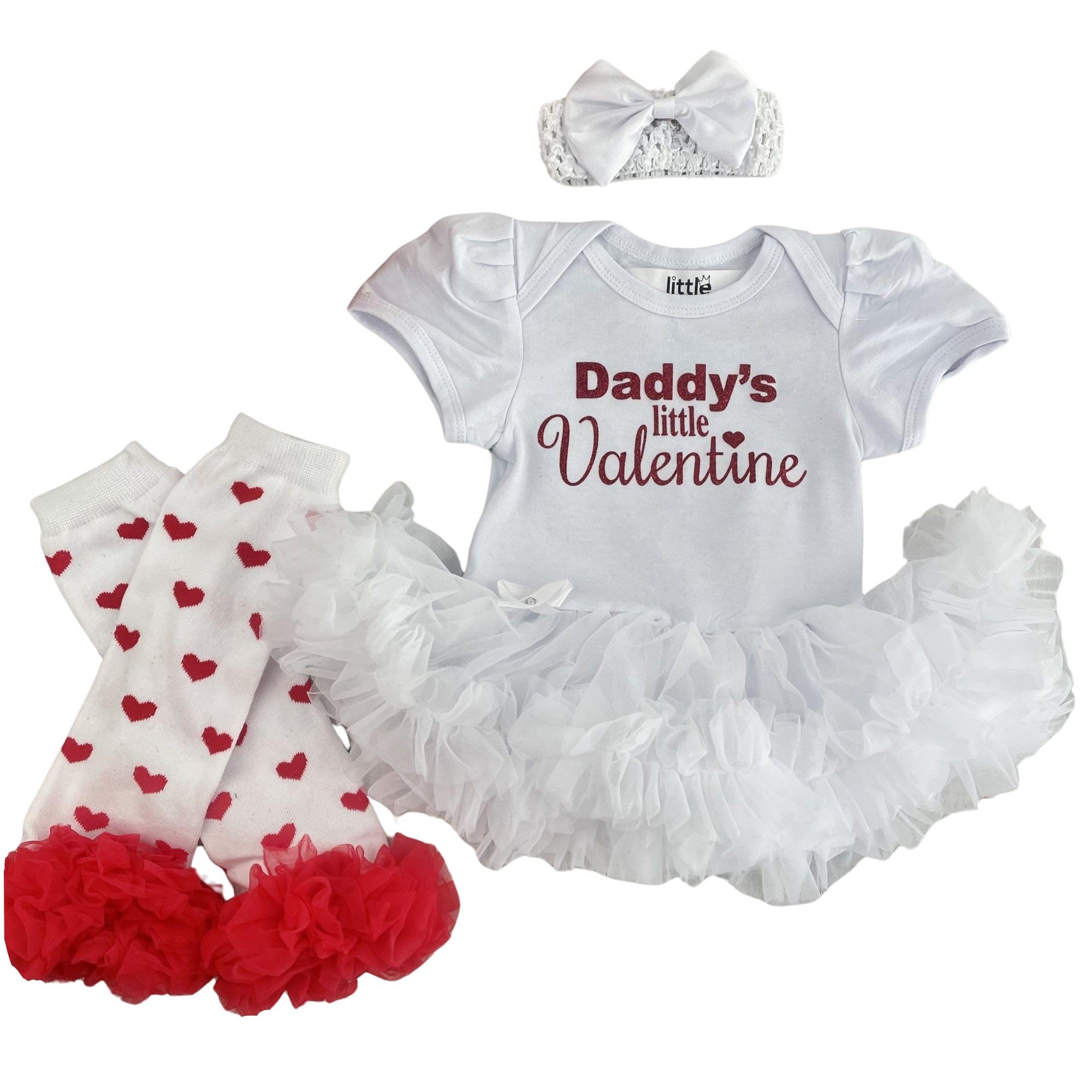Little Secrets Clothing Daddy's Little Valentine Baby Girl's Outfit Set, White Tutu Romper, Bow Headband and Heart Print Leg Warmers (18-24 months)