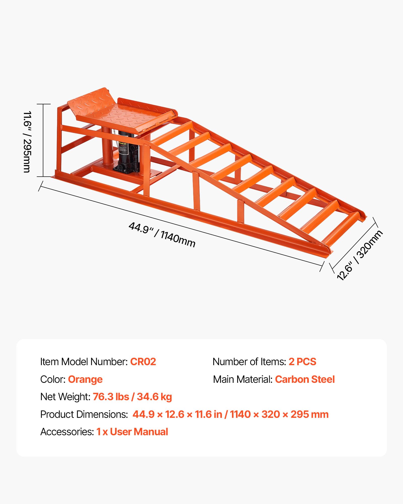 VEVOR Rampe de Levage pour Voiture, 2 PCs, Rampe d'accès Voiture, avec cric hydraulique de 5 T, Hauteur de Levage de 27 à 36 cm, élévateur Robuste pour Inspection, vidanges et réparation Automobile