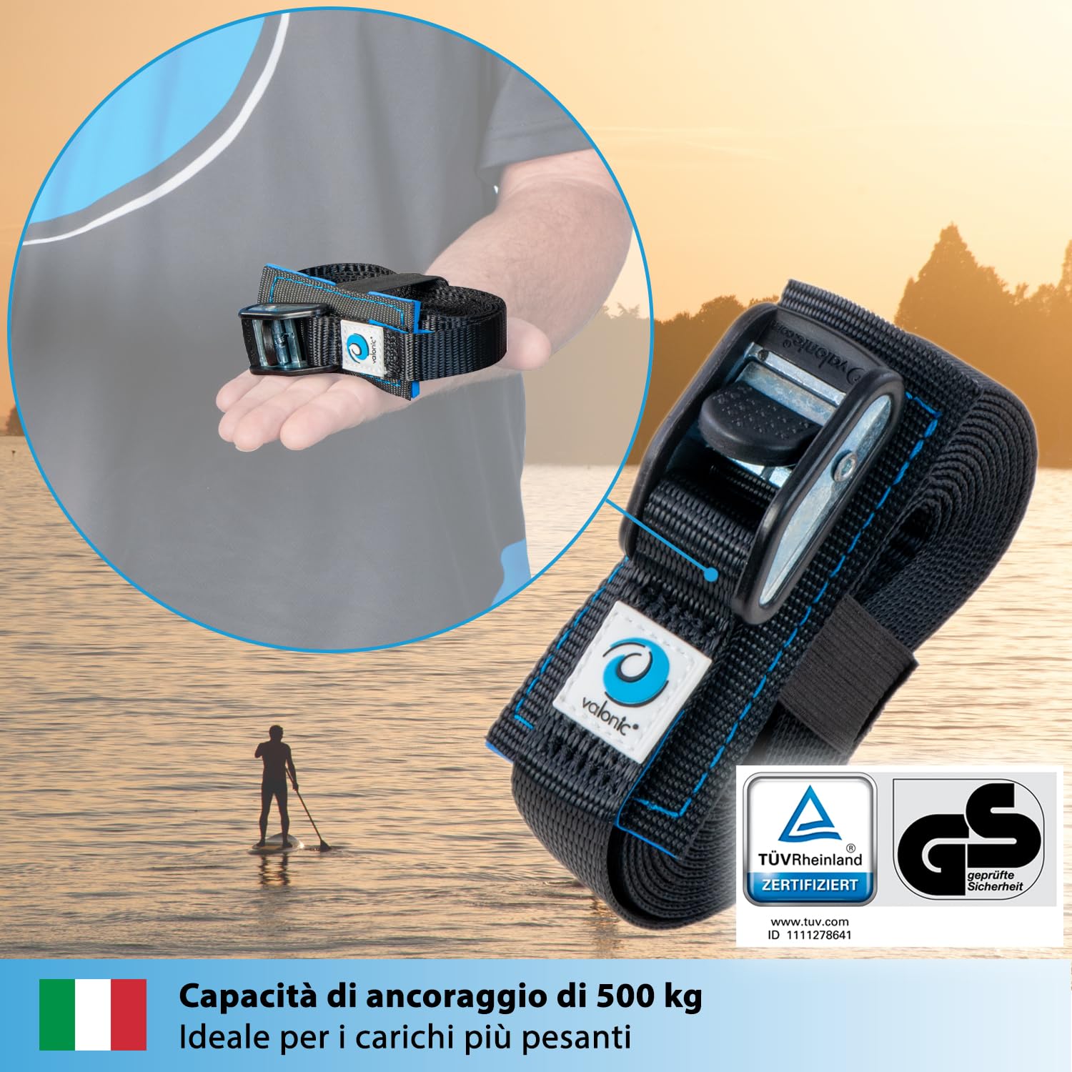 valonic Dolphin - 2x 2m cinghie di fissaggio, 25mm, 500 Kg, imbottite, certificate TÜV Rheinl. / GS, EN-12195-2 - con fibbia per portapacchi, bagagli, nero