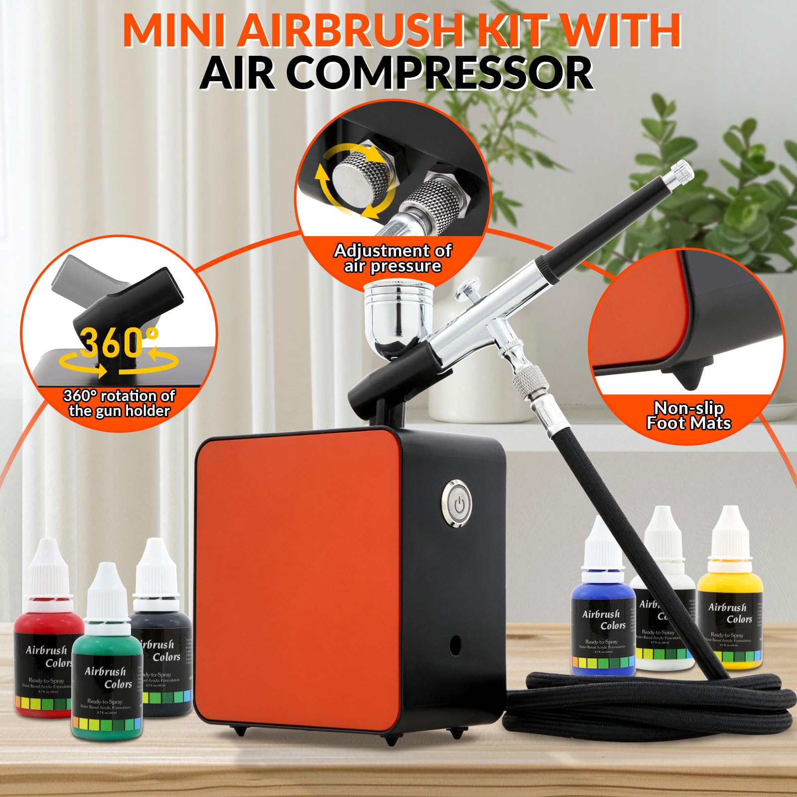 Aerographe Kit Avec Compresseur Double Action 40 PSI,Mini Kit aerografo 3 modalità saerografo Professionale Buse 0,2 0,3 0,5 mm per Nail, Peinture, Modelisme, Tatouage, Maquillage, Gâteaux(TC-102K)