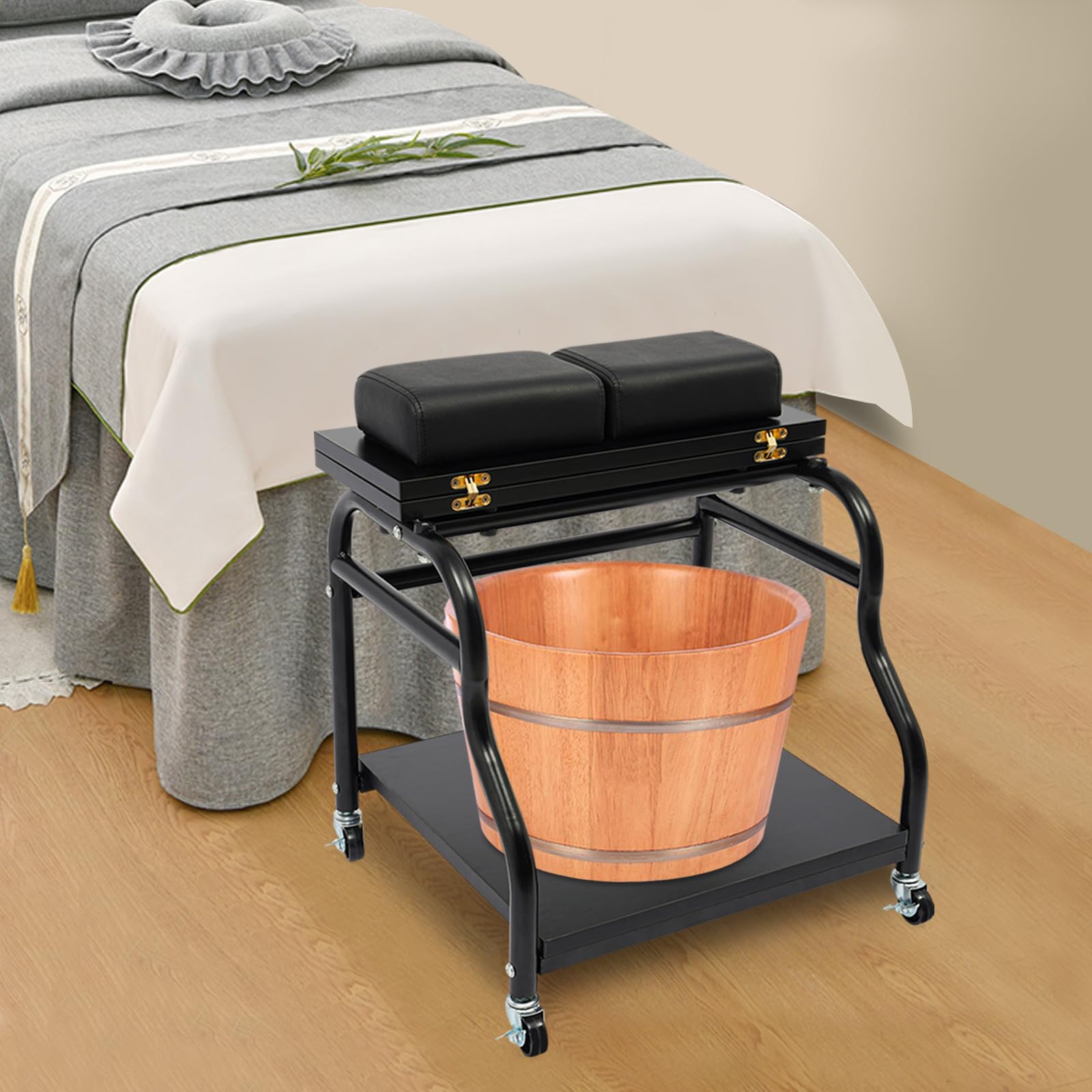 Silla de pedicura móvil con 2 niveles para pedicura, taburete de salón de belleza, reposapiés, reposapiés, reposapiés, salón de belleza y salón de uñas, color negro