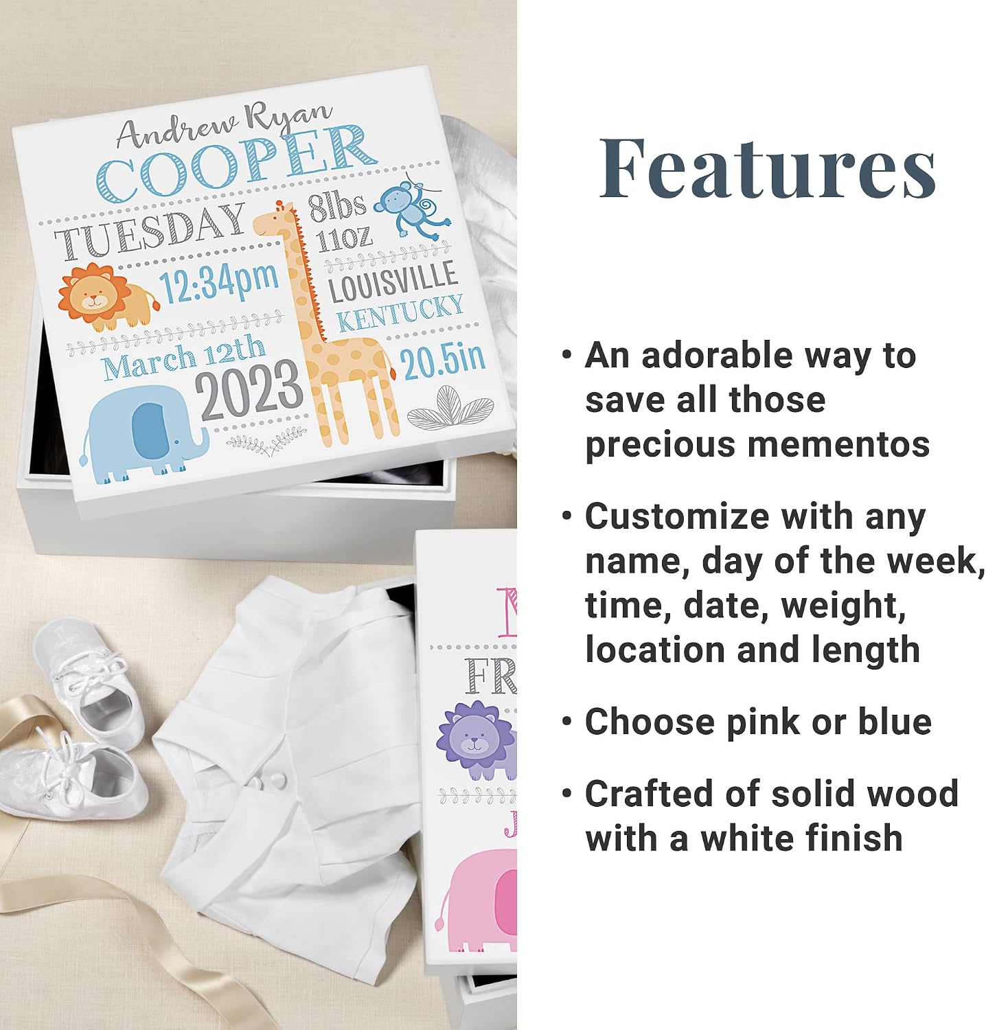 Let's Make Memories Personalized Baby's First Keepsake Box - Memento Storage - Nursery Décor - Pink with Purple - 6” H x 12” Square