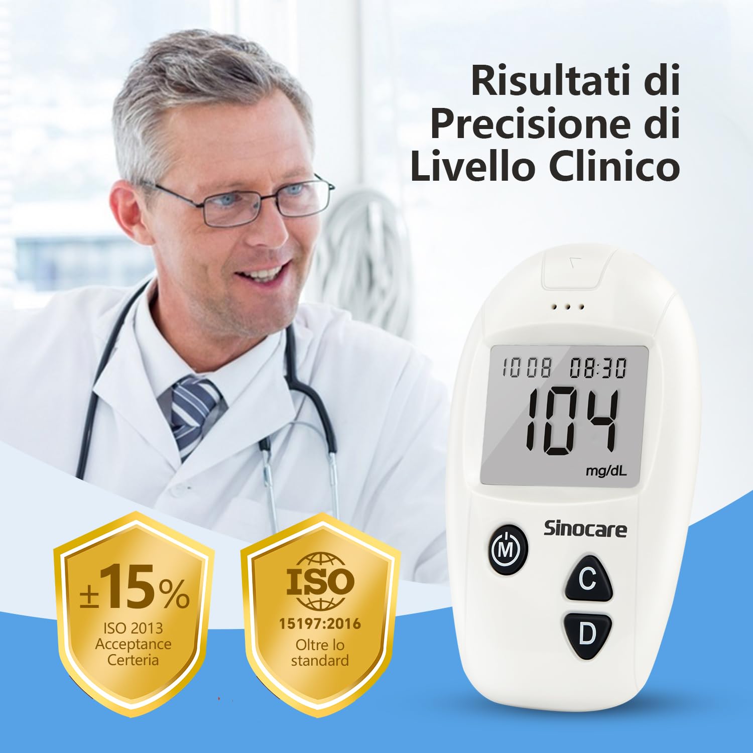 Sinocare Glucometro Misuratore Glicemia nel Sangue, Kit Test Rapido di Zucchero nel Sangue con 50 Strisce Glicemia Reattive per Glucosio - mg/dL (Safe Accu)