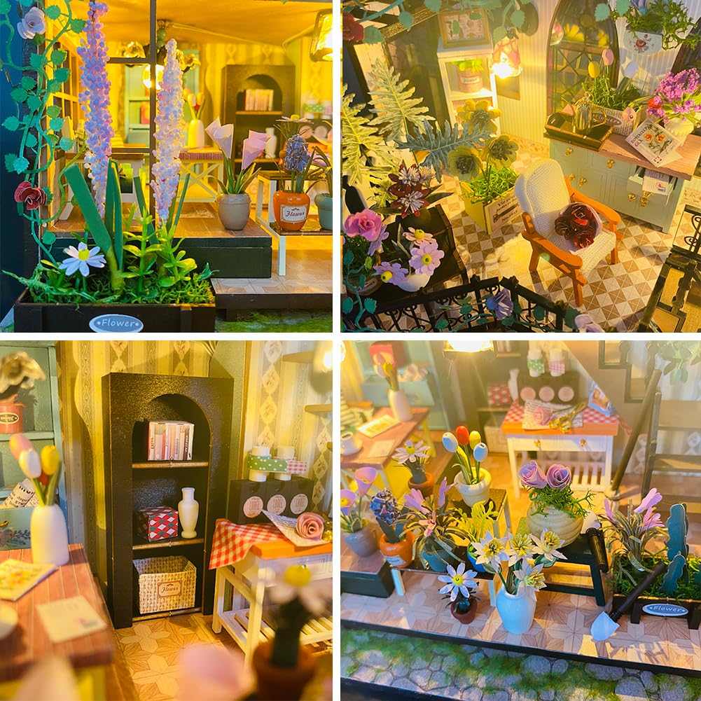 Kit casa delle bambole, serra, camera in miniatura fai da te con luce a LED, kit di costruzione in legno per adulti, casetta per fiori, regali per amici (senza copertura antipolvere)