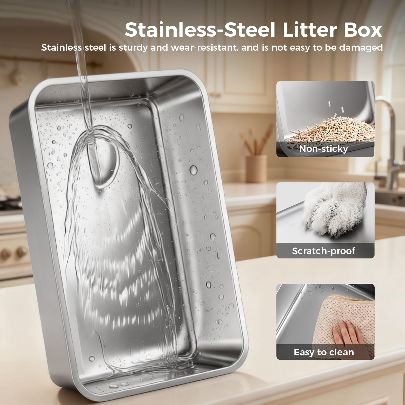 GTPLAYER Stainless Steel Cat Litter Box XL - Extra Large High-Sided Open-Top Metal Litter Box for Large & Multi-Cat Homes, Splash Guard, Low Entry, Easy Clean 304 Steel with Step, Mat & Scoop, White - image 4
