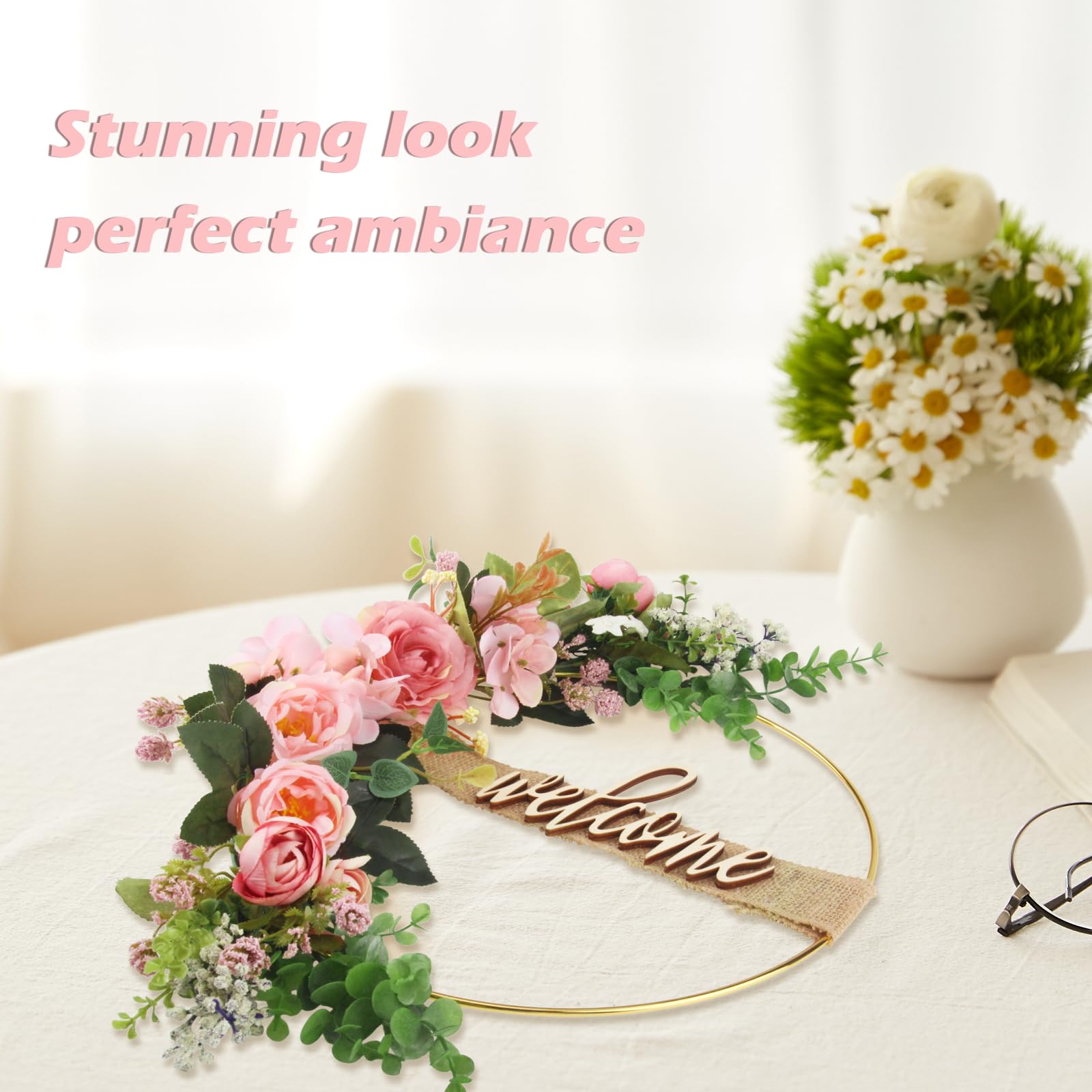 Vaskula Couronne de Porte Décorative Pivoine 40CM Couronne de Fleurs Artificielles Guirlande de Bienvenue pour Portes Salons Chambres à Coucher Murs