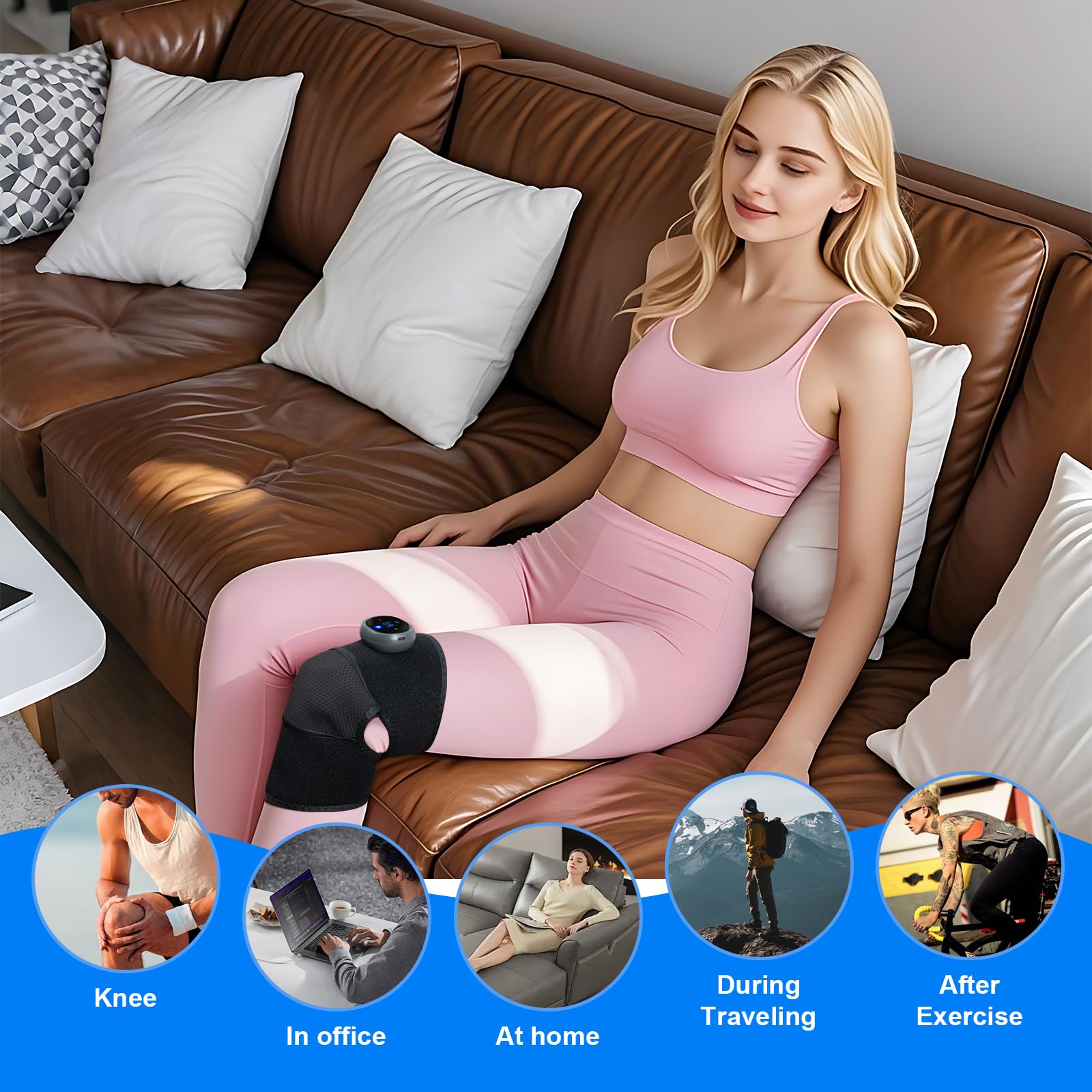 Masajeador de rodilla con masaje de calor y vibración, rodillera para aliviar el dolor de articulaciones, codo, hombro, ligamentos y lesiones musculares, dos correas ajustables, apto para el