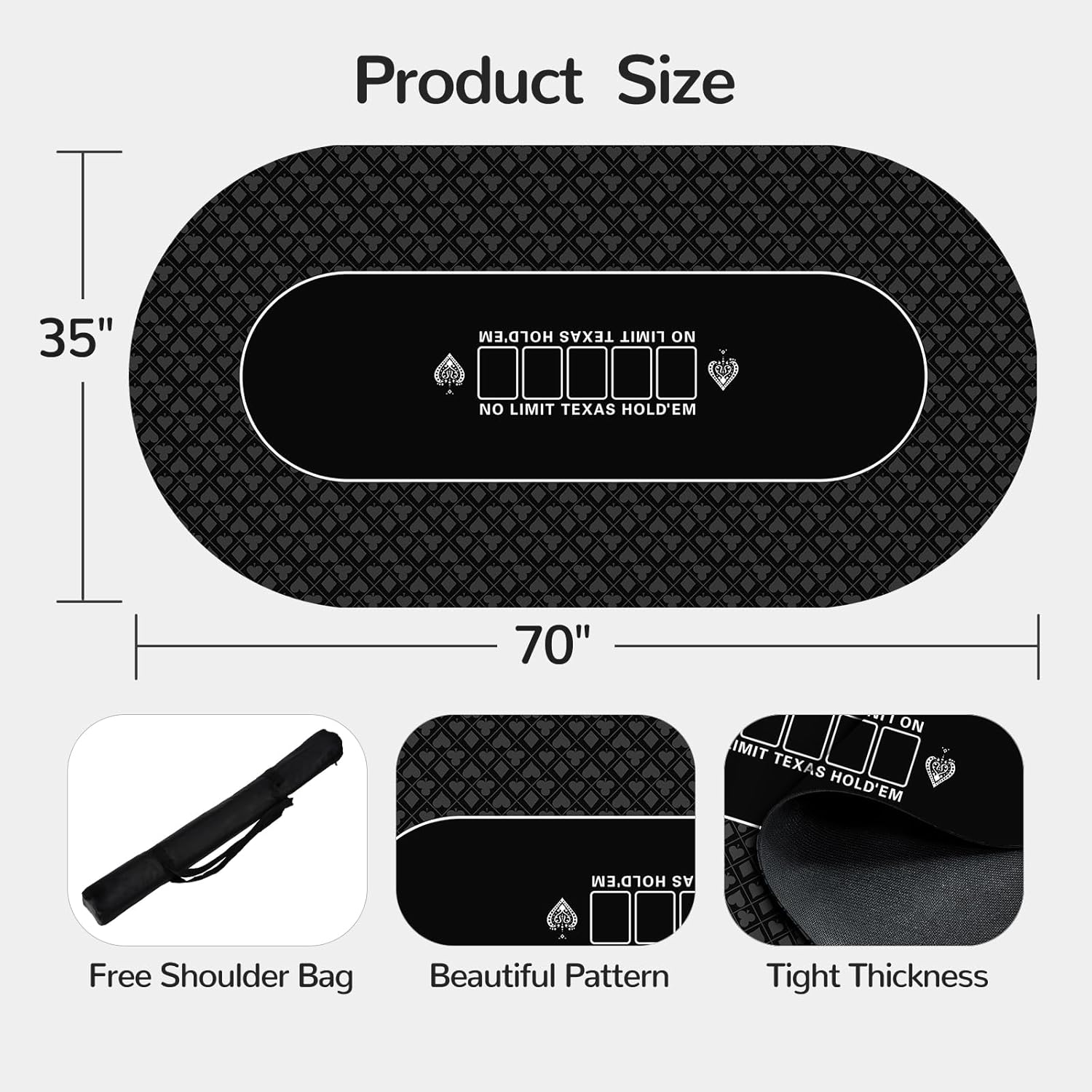 Waterproof 70 x 35 Inch Texas Hold'em Poker Mat for Table, Portable Poker Table Top with Smooth Premium Surface, Noise Reduction, and Zipper Handbag for Professional Poker Games Casino Games