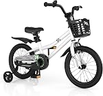 Vélo COSTWAY pour enfants, vélo pour tout-petits de 12 14 16 18 po pour garçons et filles âgés de 3 à 8 ans, vélo pour enfants avec roues d'entraînement amovibles, frein à main et frein à rétropédalage, panier, cloche