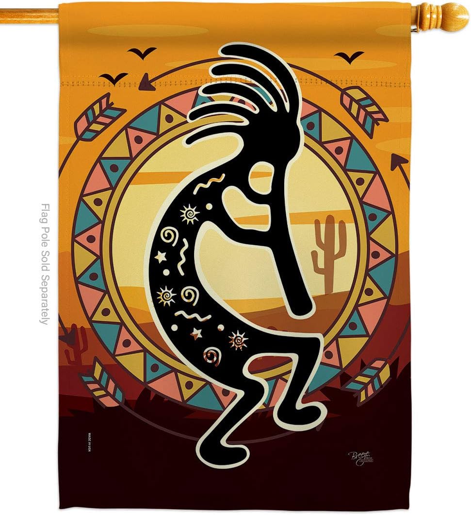 Kokopelli Playing Flute House Flag Country Living Southwest Desert Cactus Succulent Particular Area Small Decorative Gift Yard Banner Made In USA 28 X 40