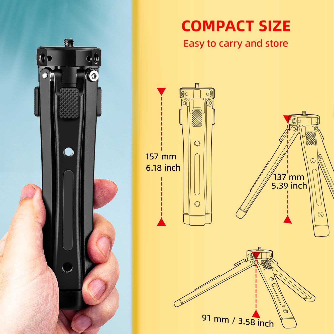 Zeadio Trípode de Metal Extra Resistente - Soporte de Mesa Universal Compacto para Cámara, Gimbal, Cámara de Acción, Videocámara, Micrófono, Luz LED, Smartphone y Más (Soporta 40kg/88lb)