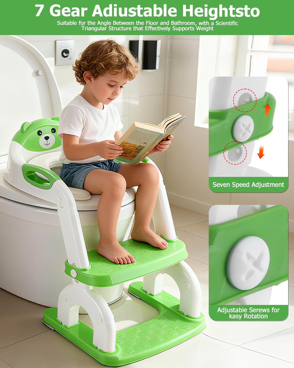 2-in-1 Toilettensitz Kinder mit Treppe, Upgraded WC Aufsatz für Kinder für Jungen und Mädchen, Toilettentrainer mit Treppe, Höhenverstellbar Bequemer Sicherer Toilettensitze (Grün Drei Treppe)