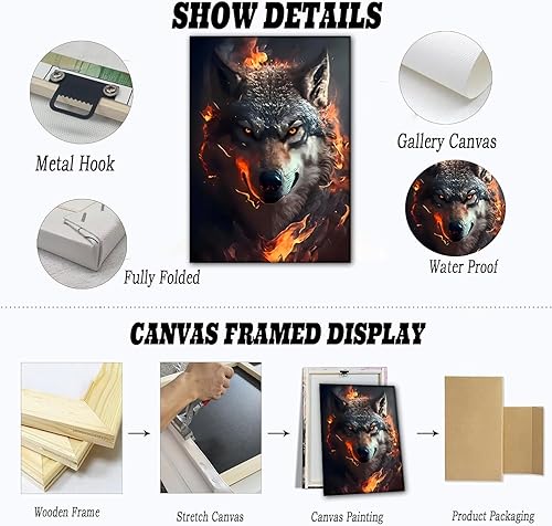 Miniatura 7 de 3 piezas de arte de pared en lienzo de animales con efecto de fuego, león, lobo y jaguar, pintura de animales salvajes, póster, impresiones para