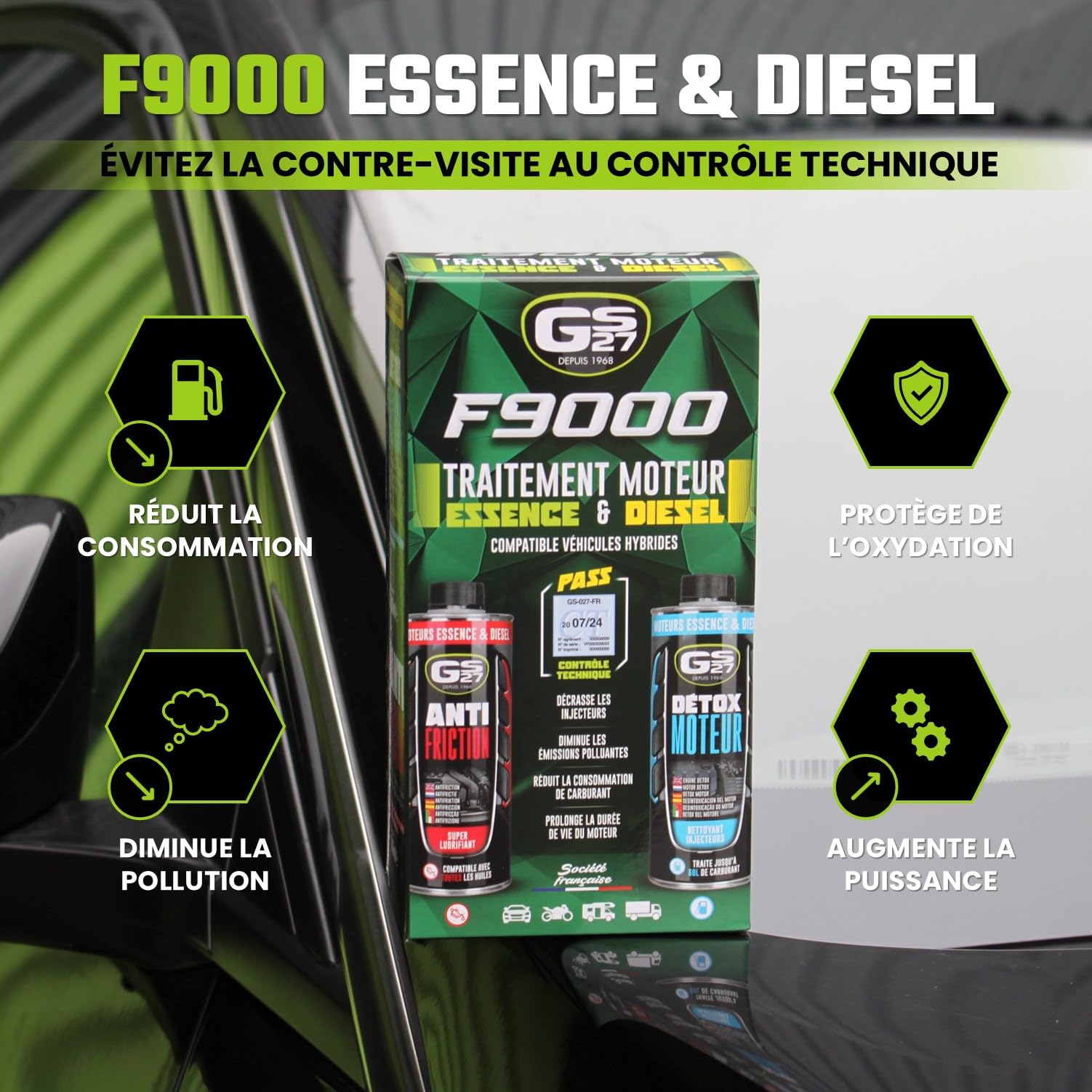 GS27 - F9000 – Traitement Moteur Essence & Diesel 2-en-1 – Décrassage Injection + Antifriction Huile – Action Préventive & Curative – 2 x 300 ML