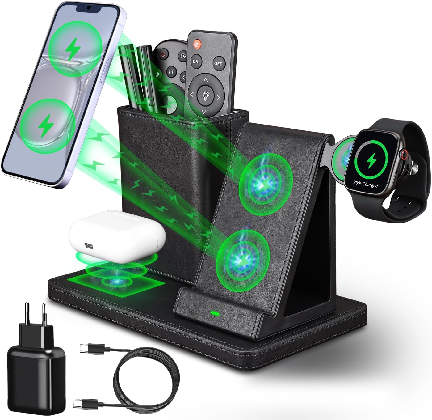 LADSTAG Workplace Organiser Desk with 3 in 1 Inductive Charging Station, Leather-based Pen Holder Desk Organiser 15 W Apple Wi-fi Charger Wi-fi Charger for iPhone, Samsung, iWatch, AirPods