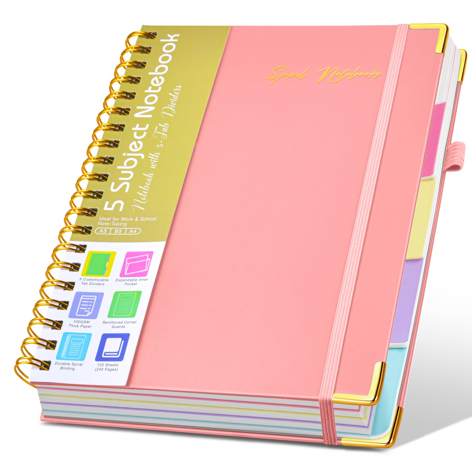 Hardcover Spiral Notebooks for Work, 5 Subject Notebook College Ruled with Dividers Tabs, 8.5" x 11" Lined Notebook Journal for women, A4 Large Notebooks for School Note taking, 240 Pages Pink