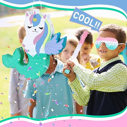 Miniatura 4 de Juego de piñata de sirena de unicornio pequeña con piñata de sirena de unicornio con palo de bateo azul y confeti para niñas, decoración de fiesta