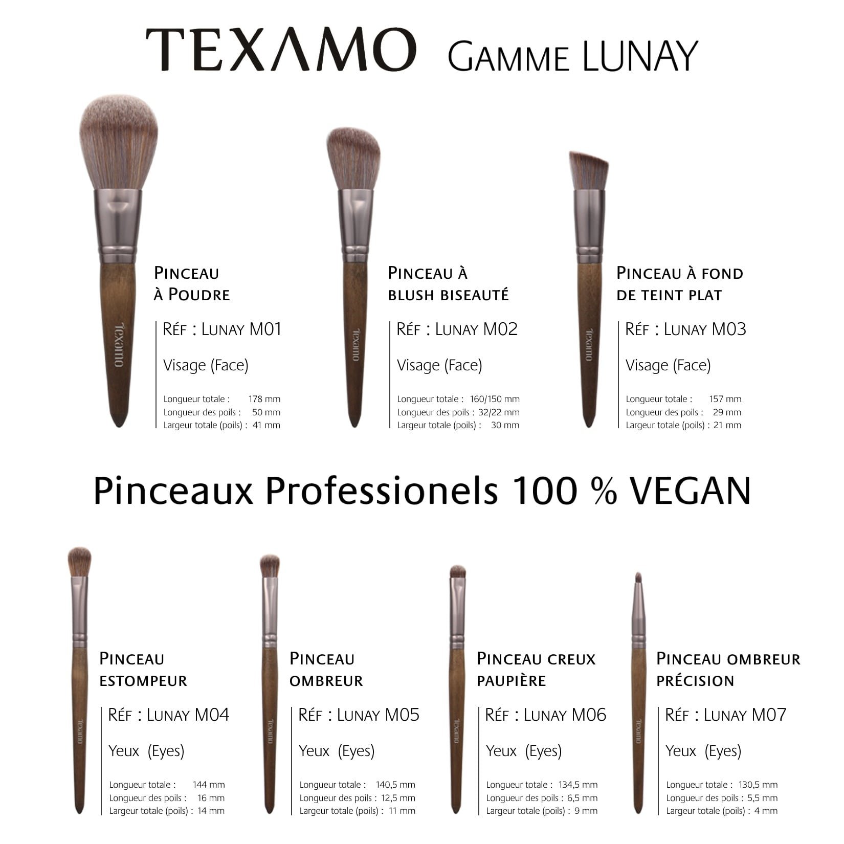 Estuche de 7 brochas de maquillaje Texamo Lunay con cerdas MCF, uso profesional Végan