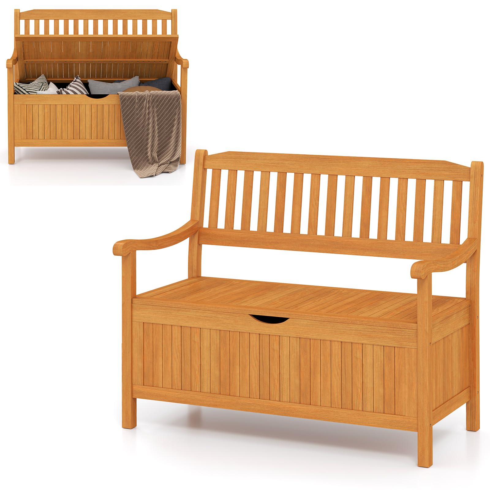 SFAREST 107cm/120cm Garden Storage Bench, 2 Person Patio Bench with 125L/155L Box, Outdoor Wooden Storage Loveseat for Balcony Park Poolside (107 x 59 x 90 cm)