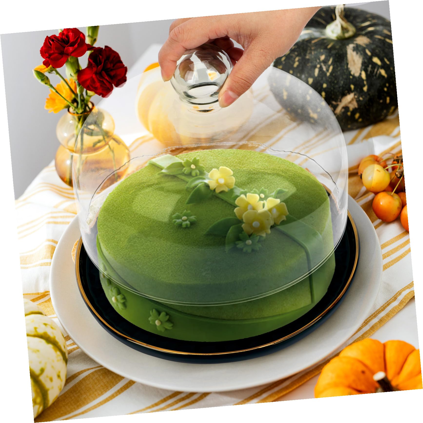 KICHOUSE Juego de Bandeja de Postres y Plato para Almacenar Frutas con Tapa de Vidrio, Bandeja de Cerámica Segura y Elegante para Fiestas Familiares y Bodas