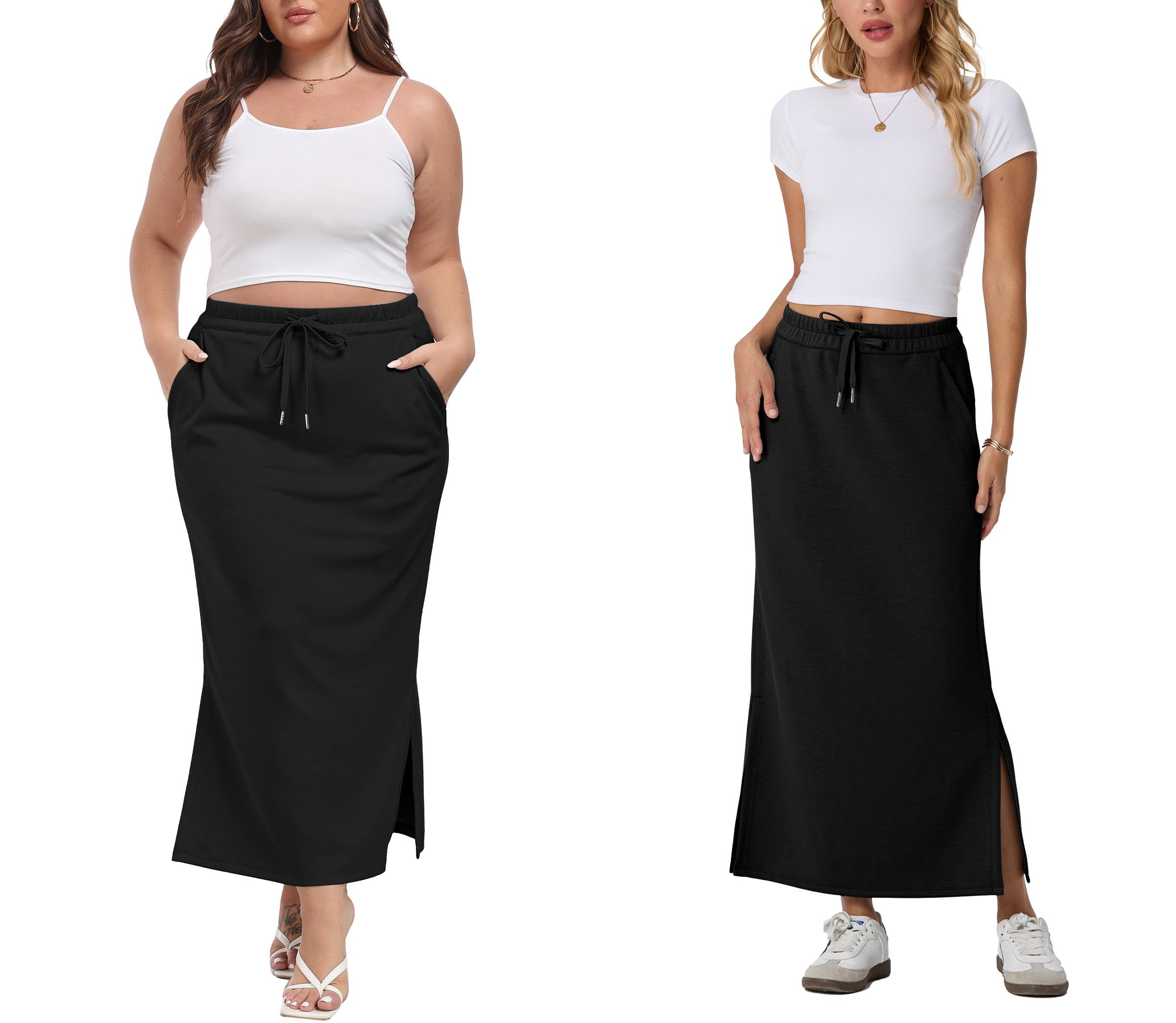 GRECERELLE Maxi gonna spessa da donna autunno inverno antirughe casual a vita alta regolabile con coulisse gonna con 2 tasche profonde e spacco laterale