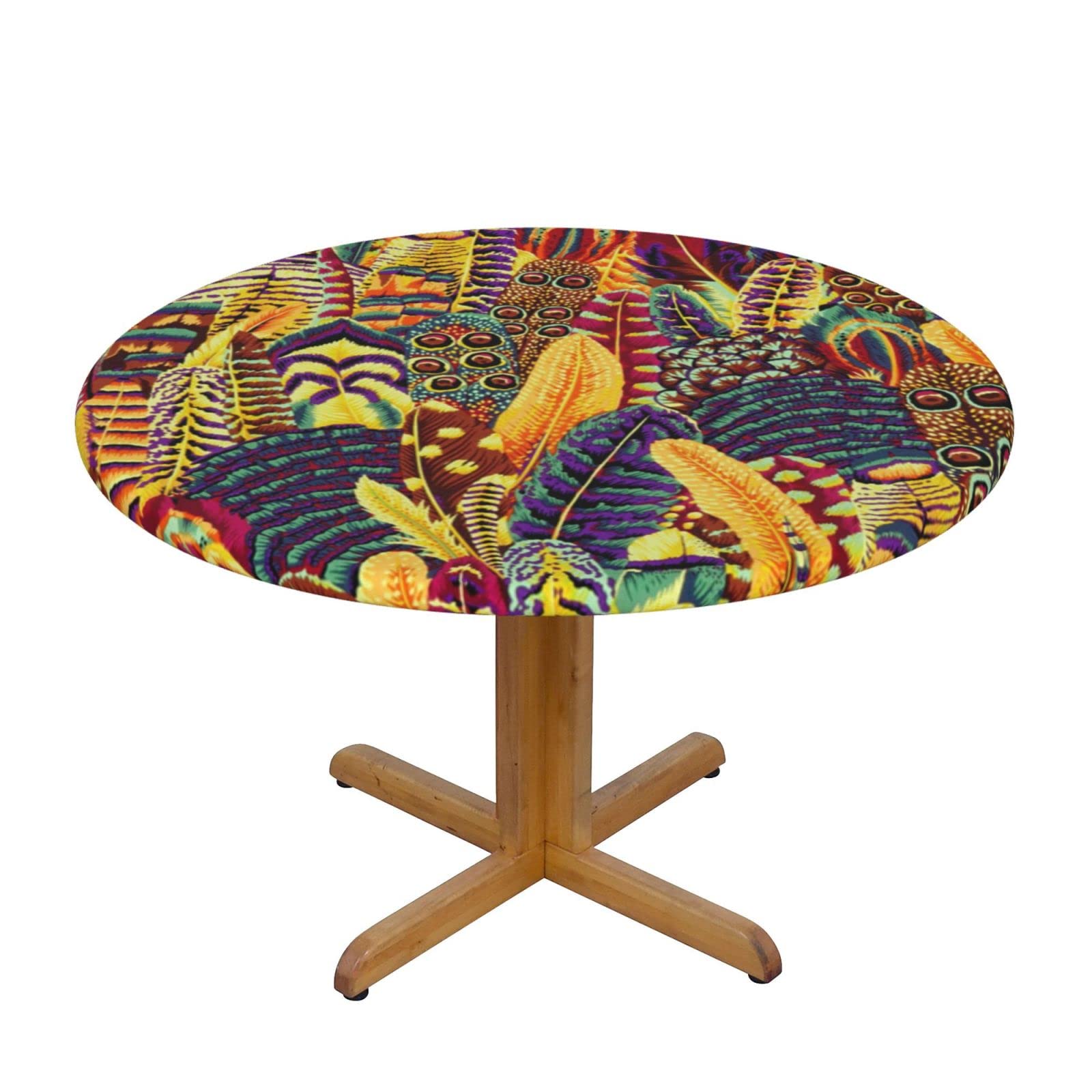 Lsjuee Round Fitted Tablecloth 45-50in Elastic Edged Table Cloth for Kitchen Dining Party Home Decor - Bright Feathers Animal Colorful