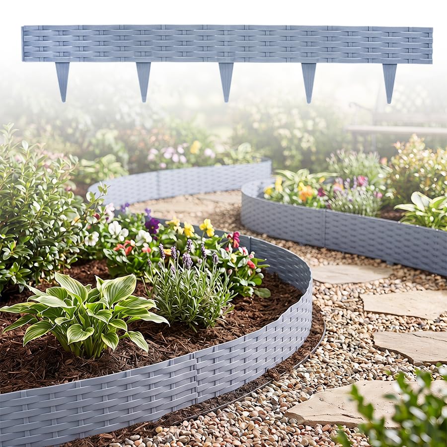 LARS360 Garden Border Edging 15m/49.2ft Rattan Effect Plastic Lawn Edging Fence, No Dig Lawn Edging with Ground Stakes, Interlocking Flower Bed Border for Garden Paths & Borders, Grey