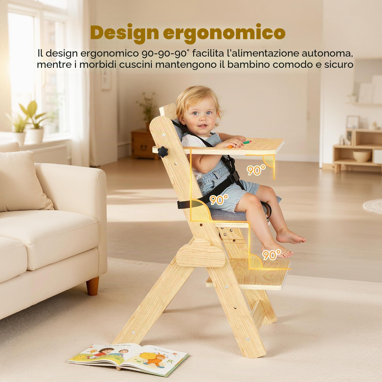 Sedia da pranzo per bambini, con cuscino + cintura di sicurezza a cinque punti, colore legno naturale,Seggiolone Pappa in Legno, con Vassoio, Seduta/Poggiapiedi Regolabili