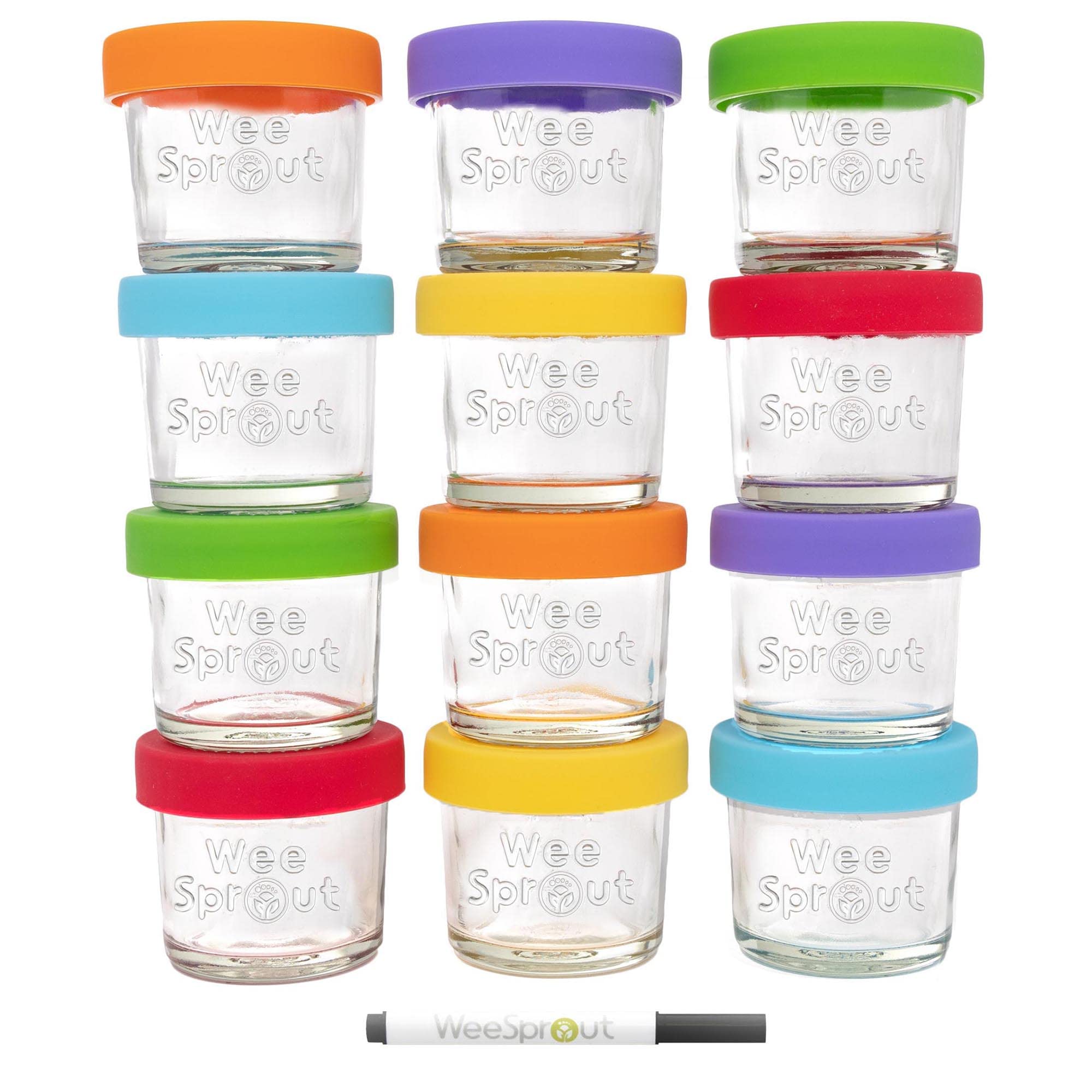 WeeSprout Glass Baby Food Containers - Set of 12, 4 oz Storage Containers, Leakproof and Airtight Silicone Lids, Freezer Safe Baby Food Jars, Measurement Markings, Microwave and Dishwasher Safe