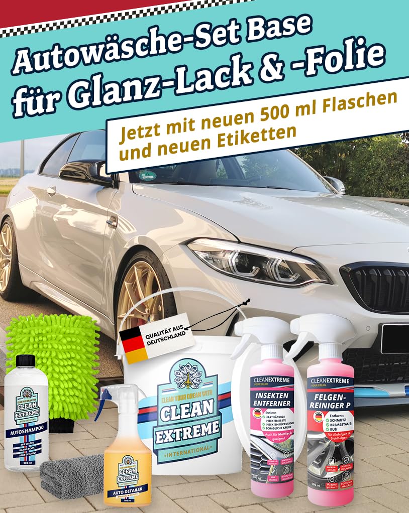 Autopflege Set Base 6-teilig mit 10L Wascheimer & Deckel | Premium Autowäsche Set für Glanzlack & Glanzfolie - Inkl. Autoshampoo, Felgenreiniger, Insektenentferner & Detailer