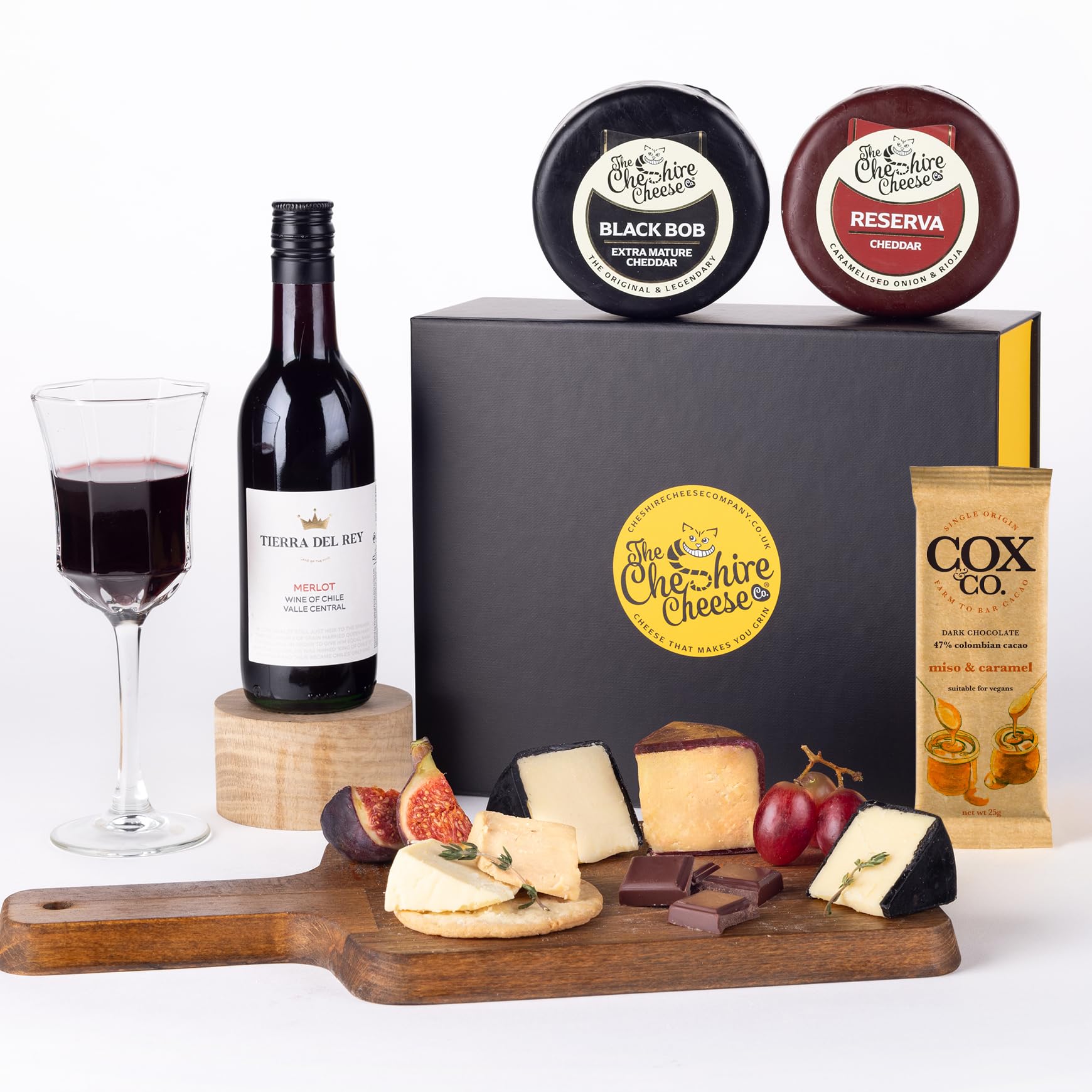 Indulgent Cheese, Wine and Chocolate Gift Set | Includes 2 Award Winning Cheeses, 1 Pump Street Co. Chocolate bar, bottle of Merlot Red Wine from Cheshire Cheese Company