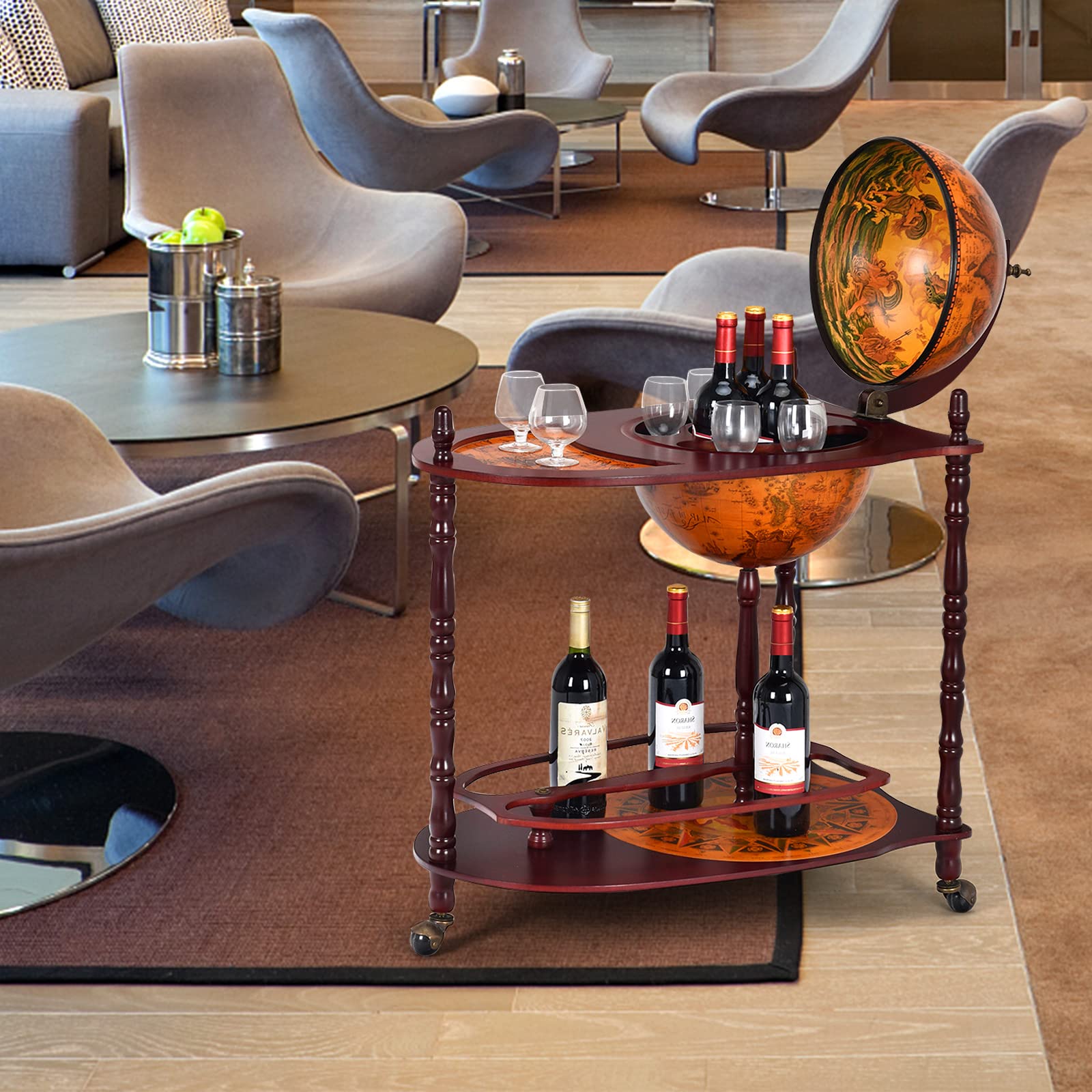 KOMFOTTEU Porte-bouteilles Bar Globe avec roues, porte-bouteilles à 2 niveaux, chariot de bar en bois, meuble minibar pour boissons, pour restaurant, fête (marron, 70 x 45 x 88 cm)