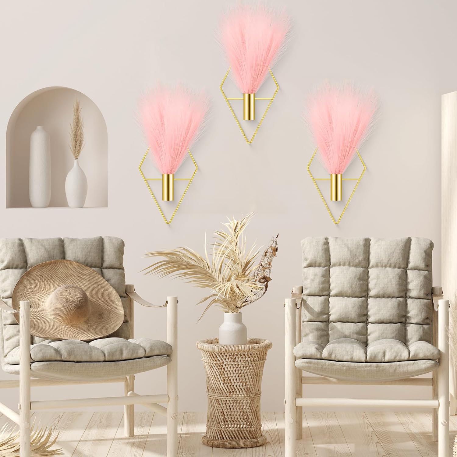 Hanaive 4 Sets Boho Gold Wall Decor Metal Wall Art Hanging Planters with Artificial Pampas Display Art Modern Home Metal Vase for Bedroom Living Room Home Office(Gold, Pink)
