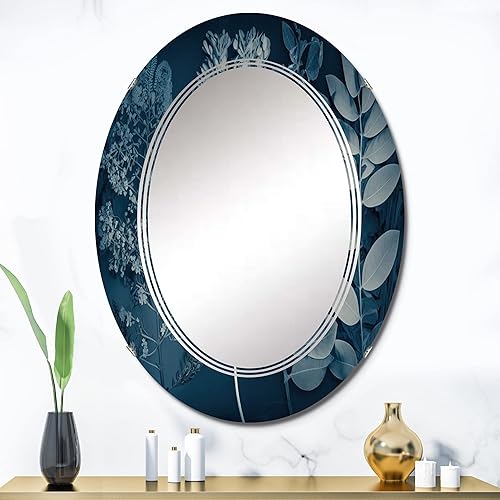 Miniatura 2 de DesignQ Espejo de tocador retro con flores silvestres en tonos azules I, espejos de baño, espejos de pared para sala de estar, dormitorio, espejo
