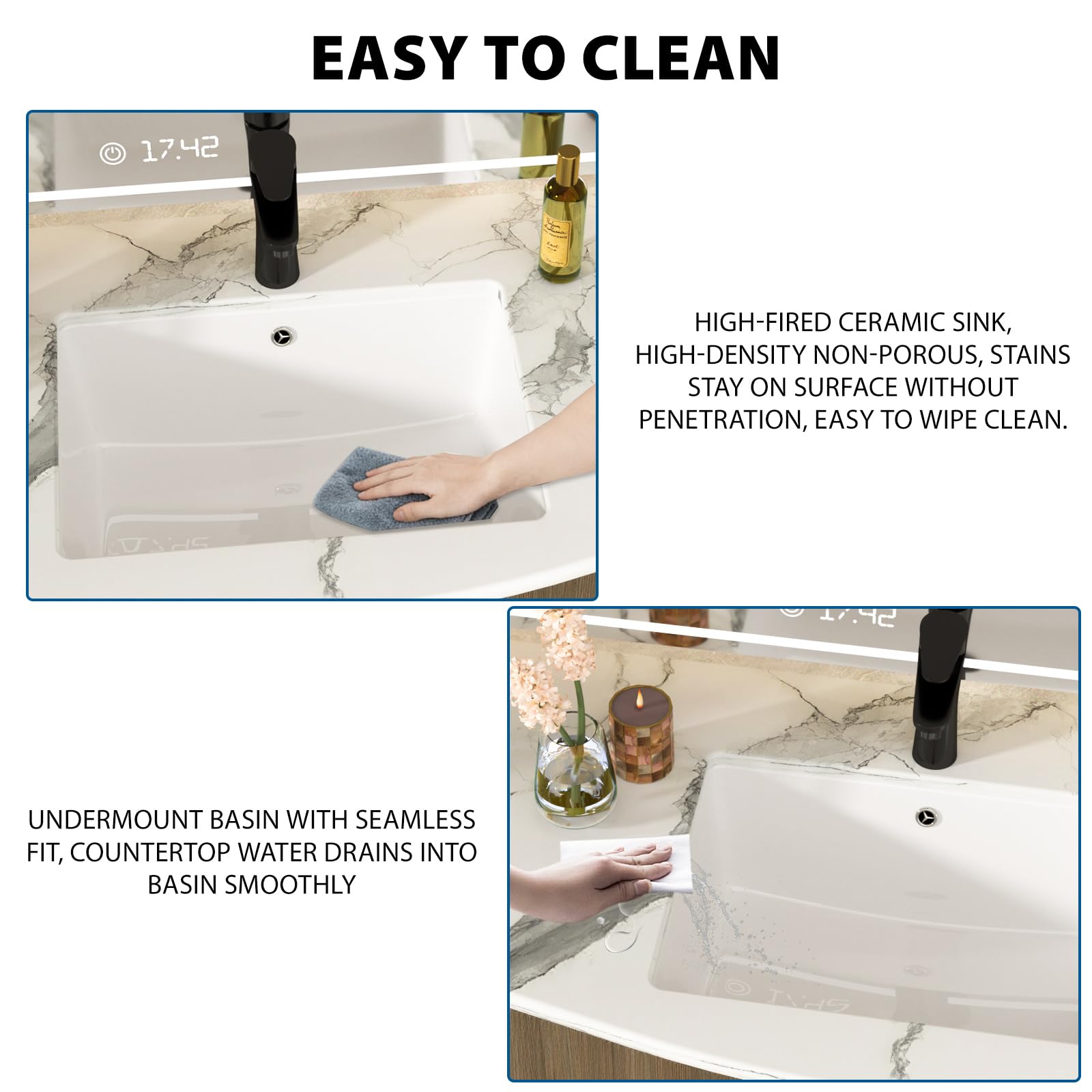 Fregadero de baño de cerámica de 51 x 37 cm, color blanco | Cuenco interior de 45,5 x 31,5 cm, lavabo rectangular de porcelana moderna para debajo del mostrador, fácil de limpiar