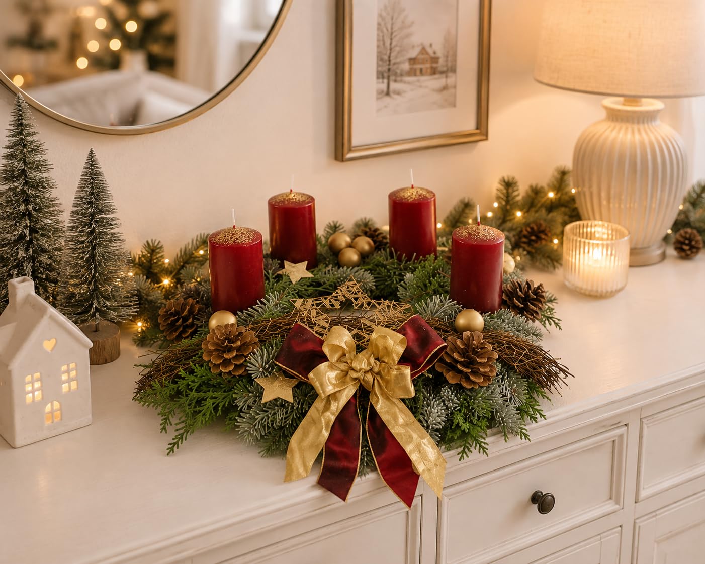Adventskranz frisch Bordeauxrot Gold 35cm Weihnachten Advent Gesteck Nobilistanne Mischkranz C