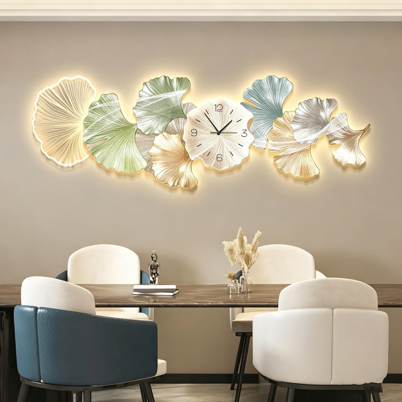ZCQMSCWW 3D Ginkgo Leaf LED Wall Clock, Silent Non-Ticking Quartz Decor, Modern Dual-Layer Acrylic Art Sculpture with Ambient Light for Living Room Dining Entryway
